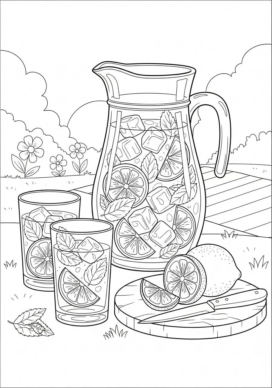 Dibujo de Verano con Limonada y Frutas para Colorear