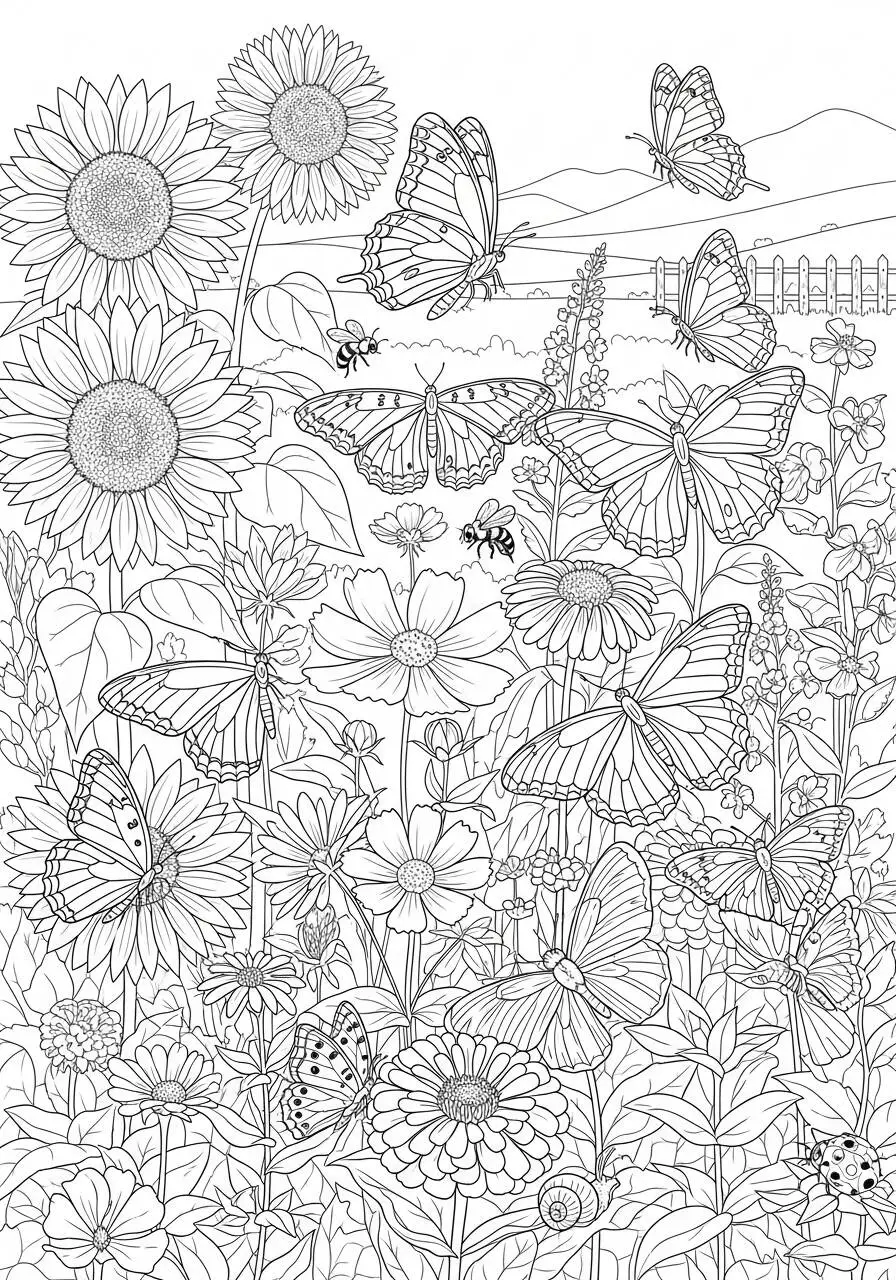 Dibujo de Verano con flores y Mariposas para Colorear