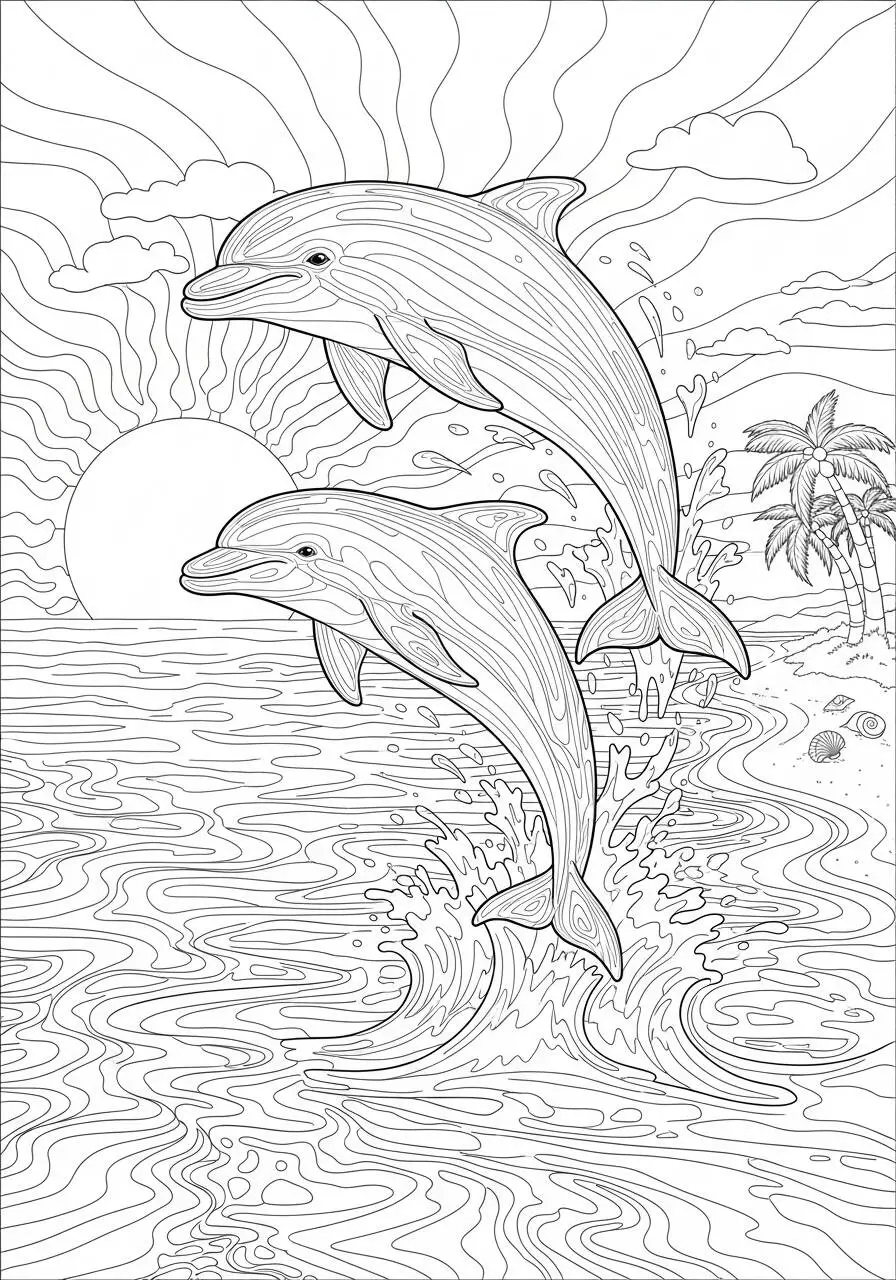 Dessin d'été avec des dauphins sautant à la couleur