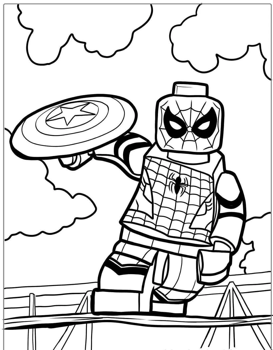 Desenho de Homem Aranha Lego com Escudo para Colorir
