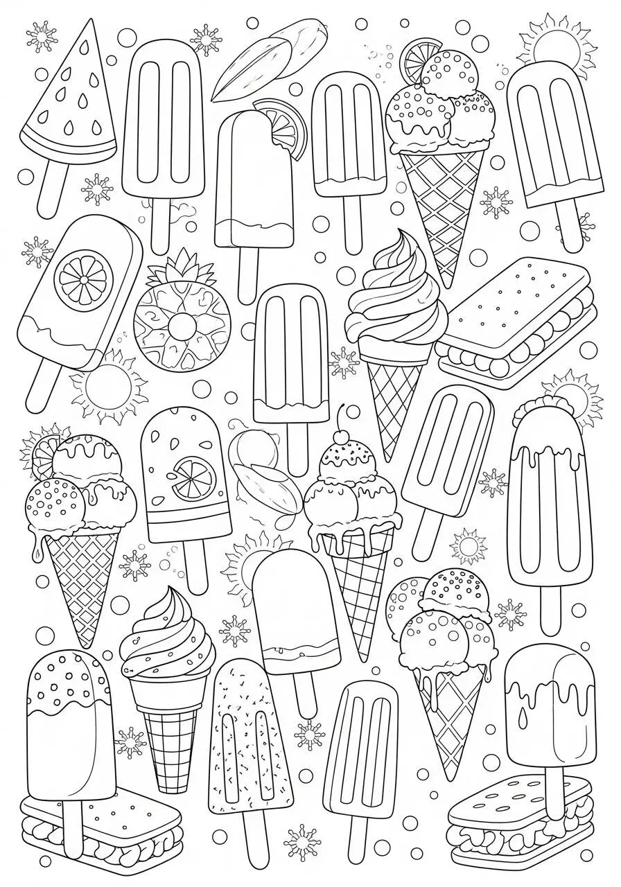 Dessin d'été avec de la glace et des sucettes glacées à colorier