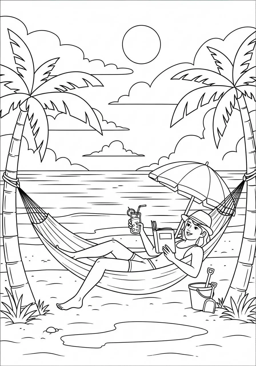 Dessin d'été avec filet et mots à colorier