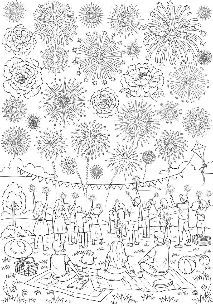 Dibujo de verano con fuegos artificiales y niños divirtiéndose coloreando