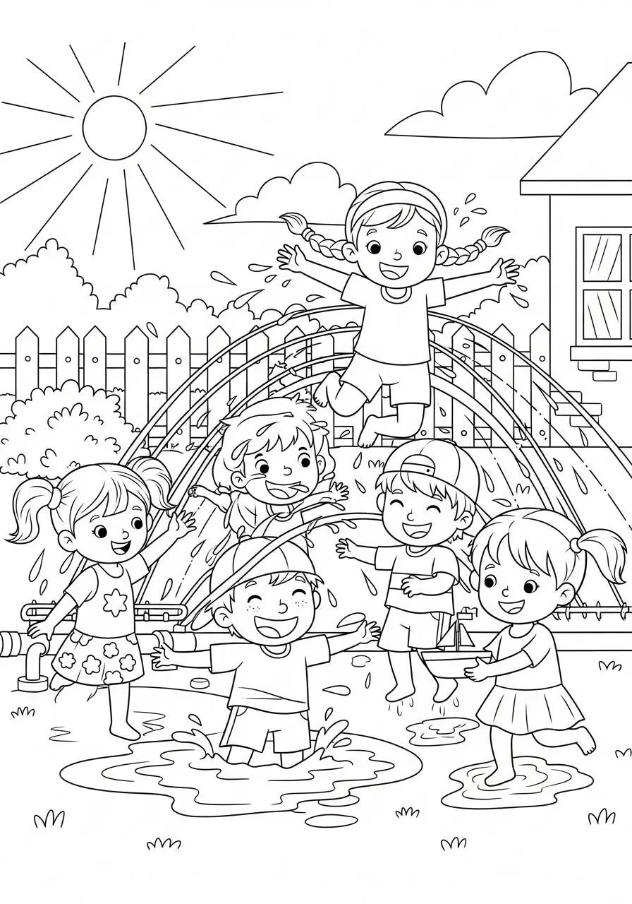 Dibujo de Verano con Niños Jugando en el Agua para Colorear