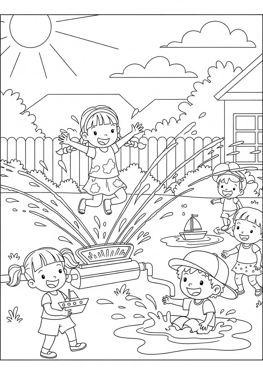 Dibujo de Verano con Niños Jugando en el Agua para Colorear