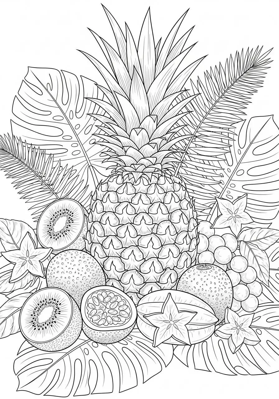 Dibujo de Verano con Piña y Frutas Tropicales para Colorear