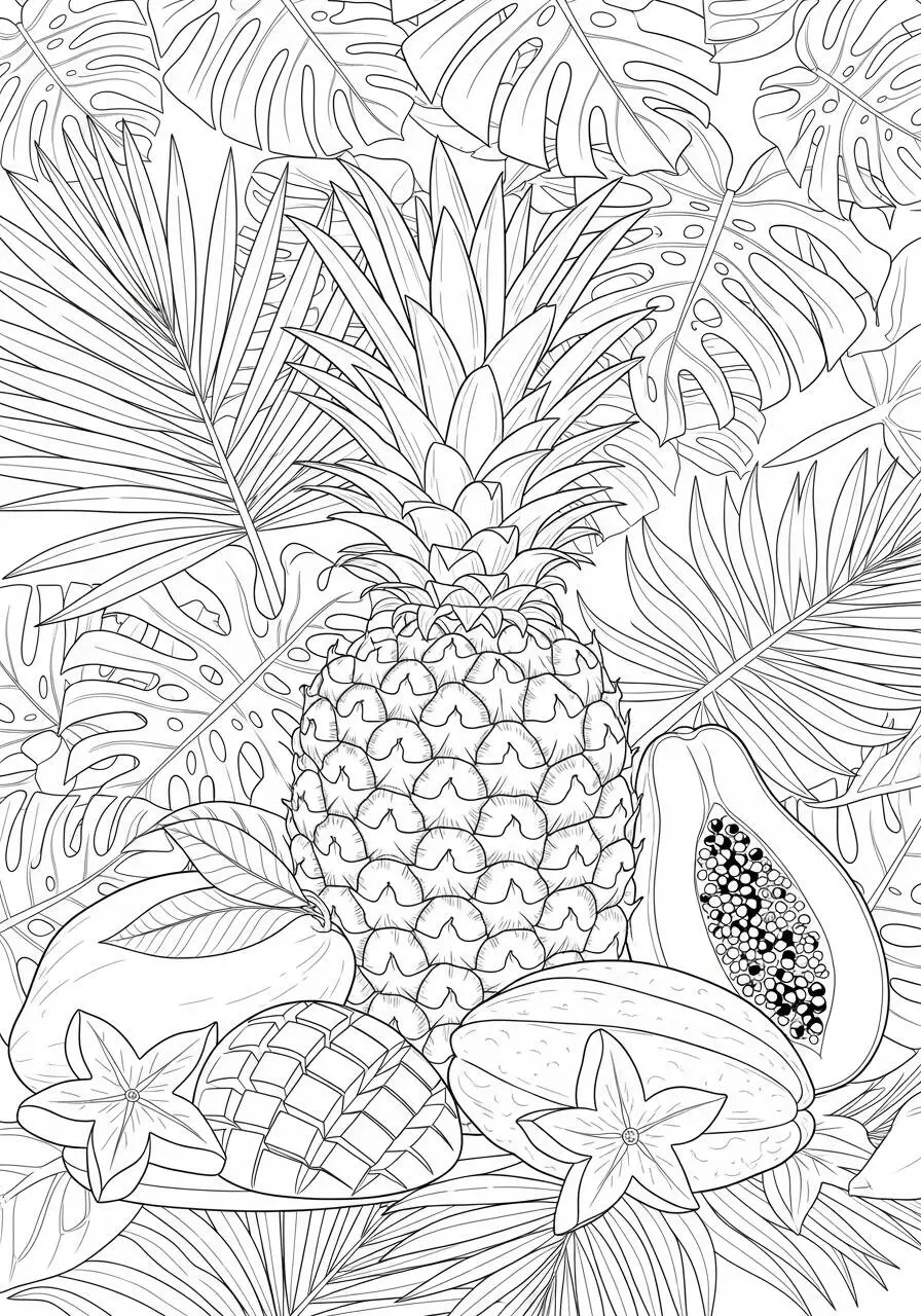 Dibujo de Verano con Piña y Frutas Tropicales para Colorear