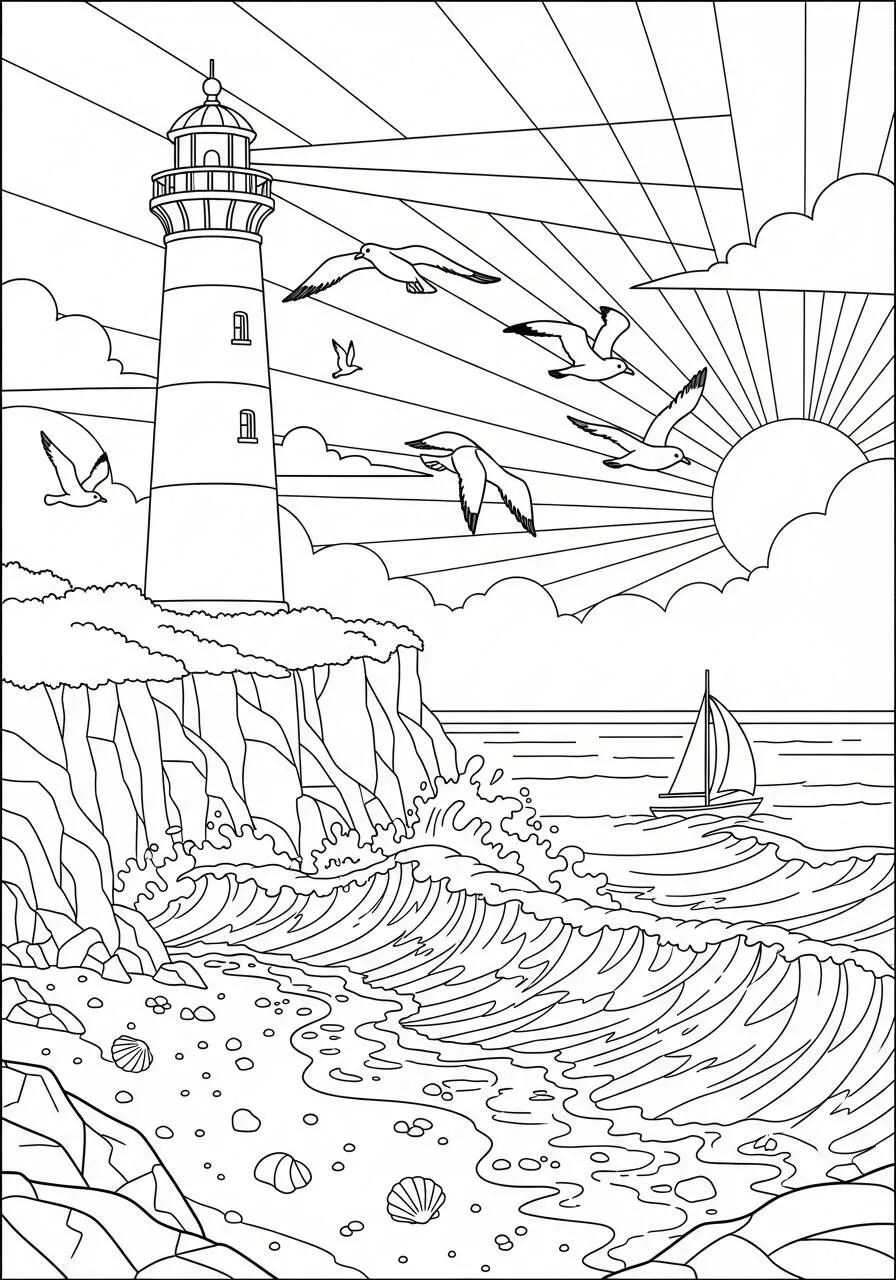 Dibujo para colorear de verano con faro y mar