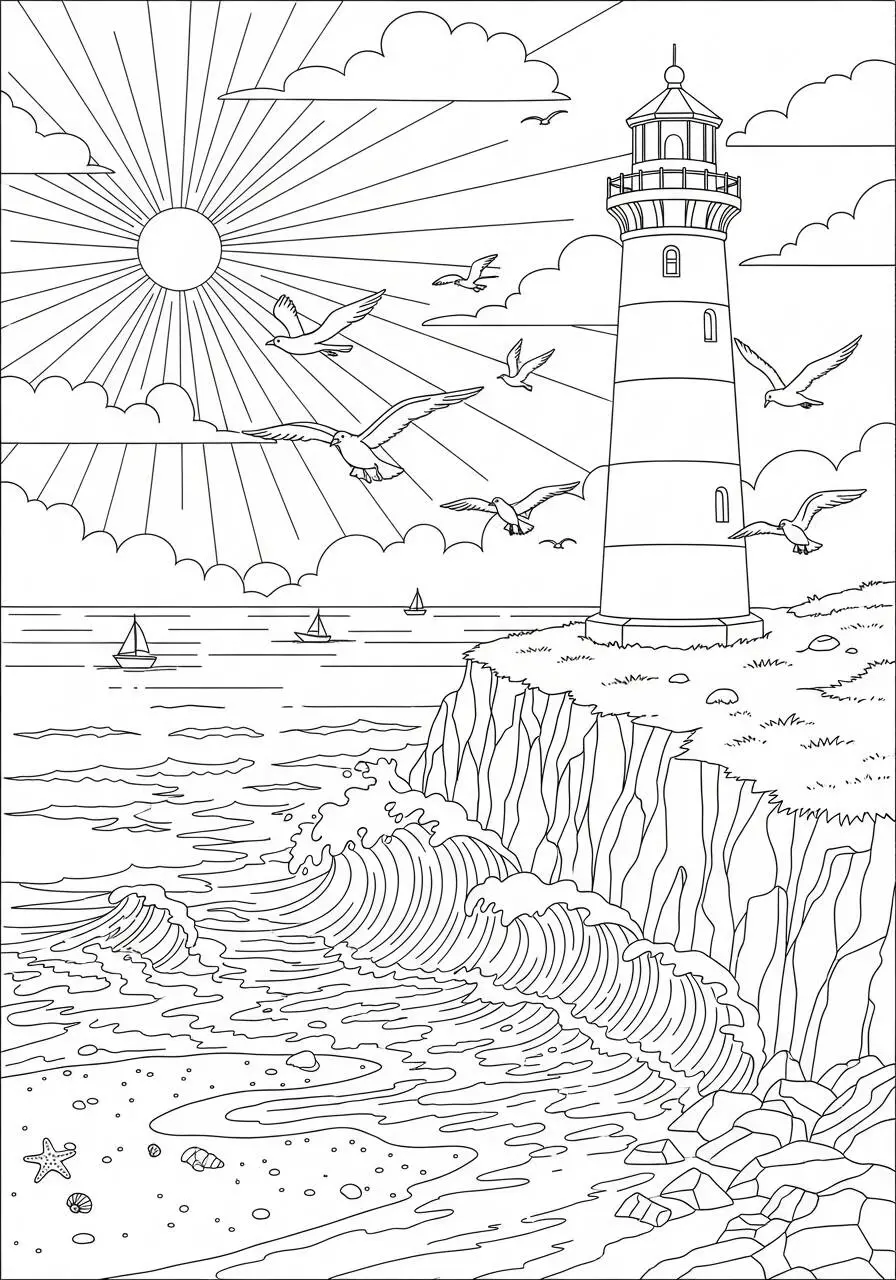 Dibujo para colorear de verano con faro y mar