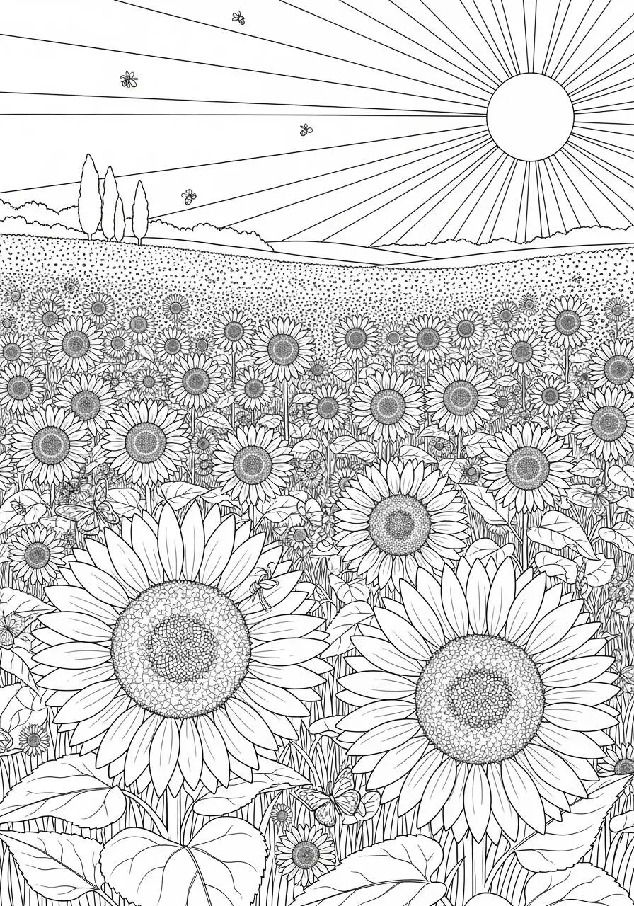 Dibujo de Verano con Girasoles y Sol Radiante para Colorear