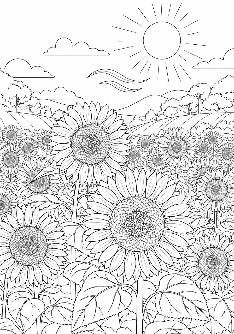 Dibujo de Verano con Girasoles y Sol para Colorear