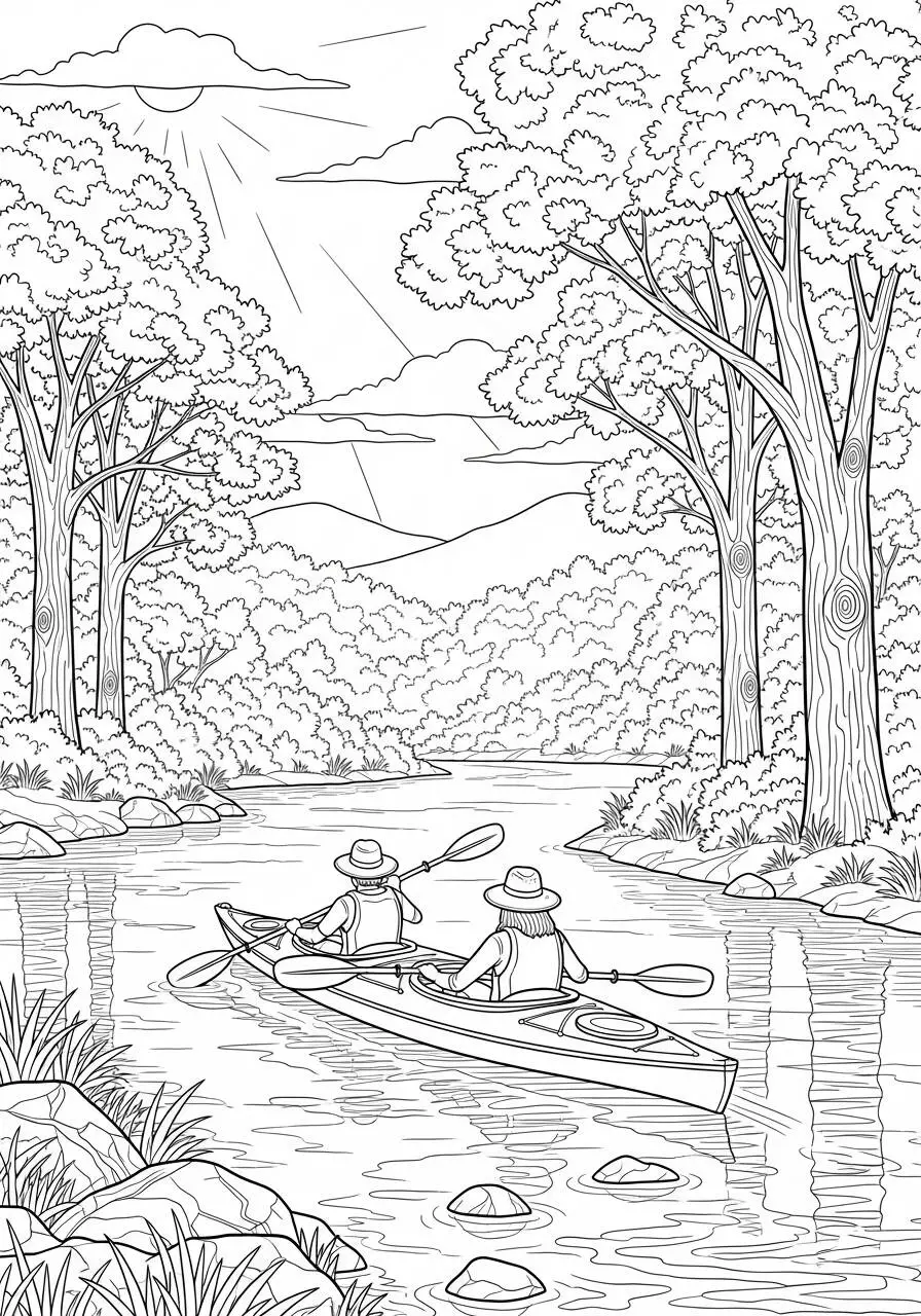 Página para colorear de kayak de verano en el río