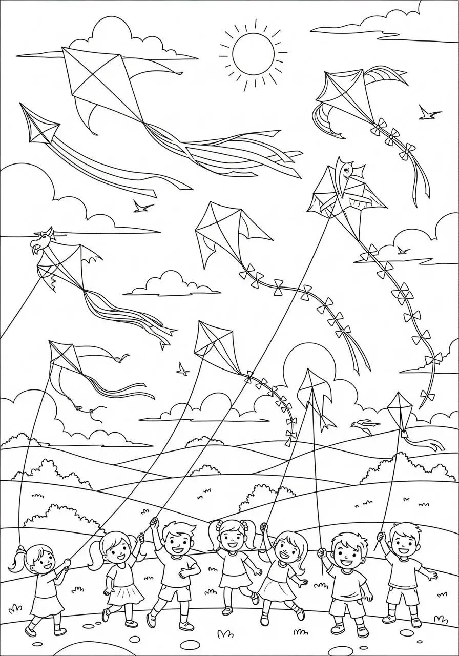 Dibujo de Verano con Niños Volando Cometas para Colorear