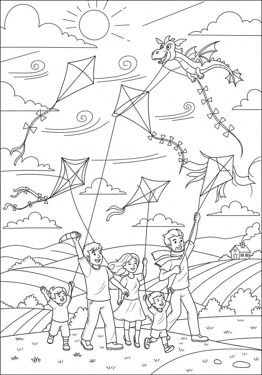 Dibujo de Verano con Cometas y Niños para Colorear