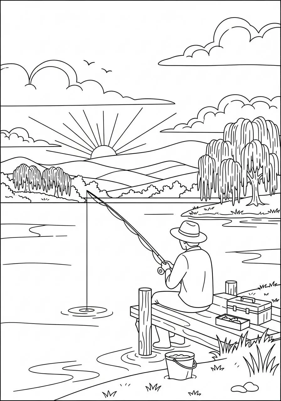 Página para colorear de verano con pescador junto al lago