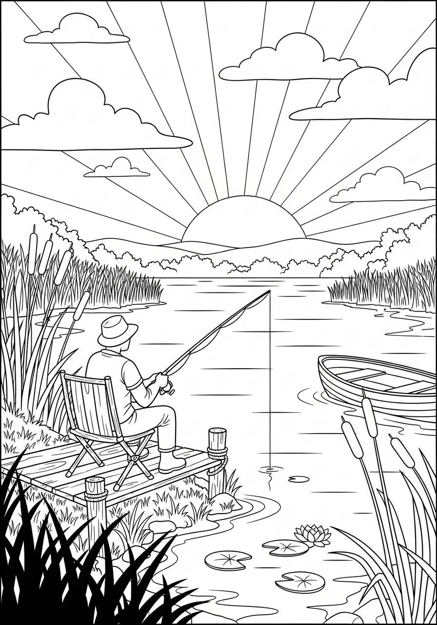 Página para colorear de verano con pescador junto al lago