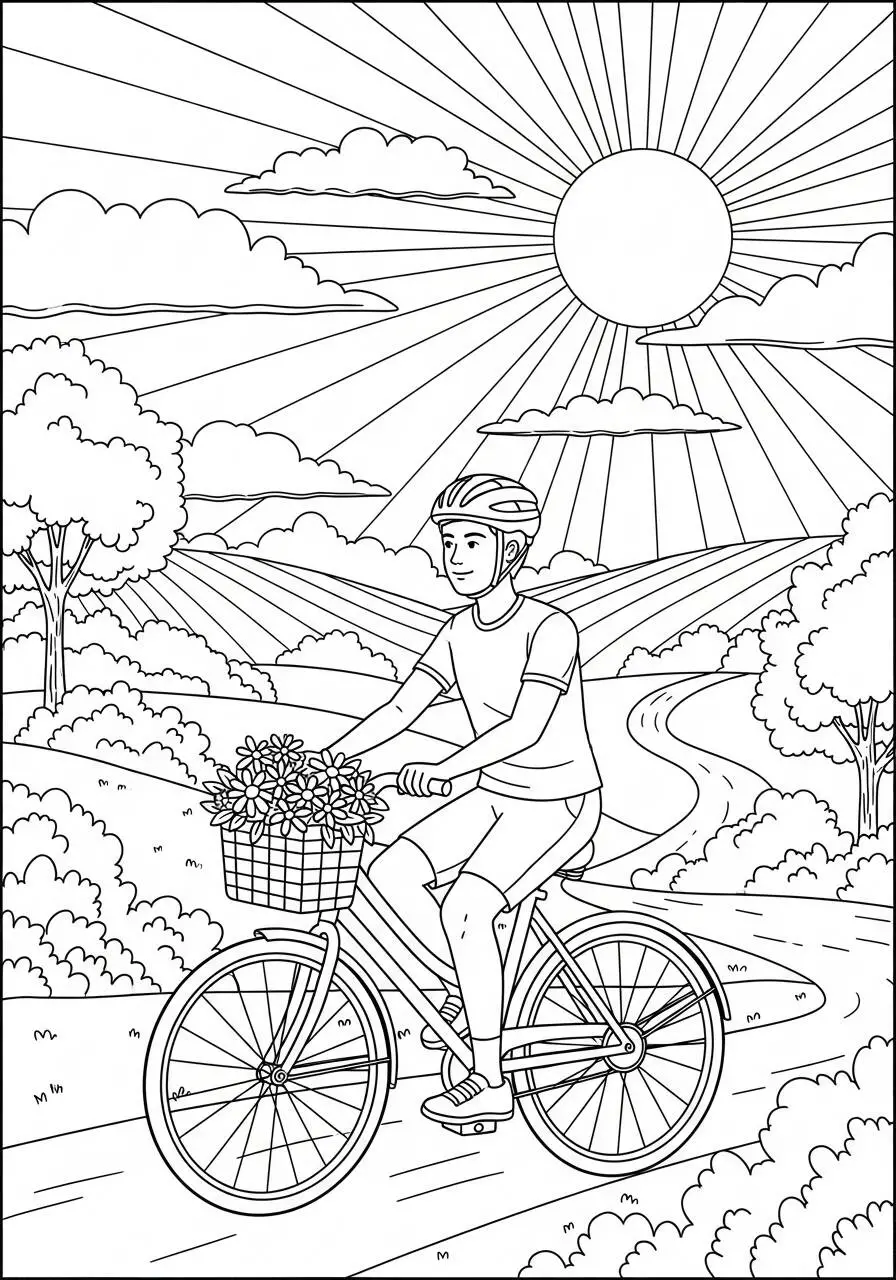 Dibujo de Verano con Ciclista y flores para Colorear