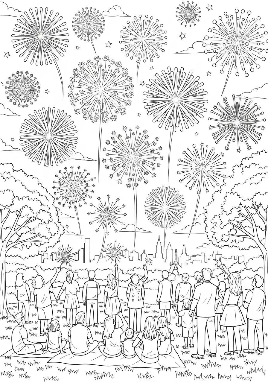 Dibujo de verano con fuegos artificiales y gente mirando para colorear