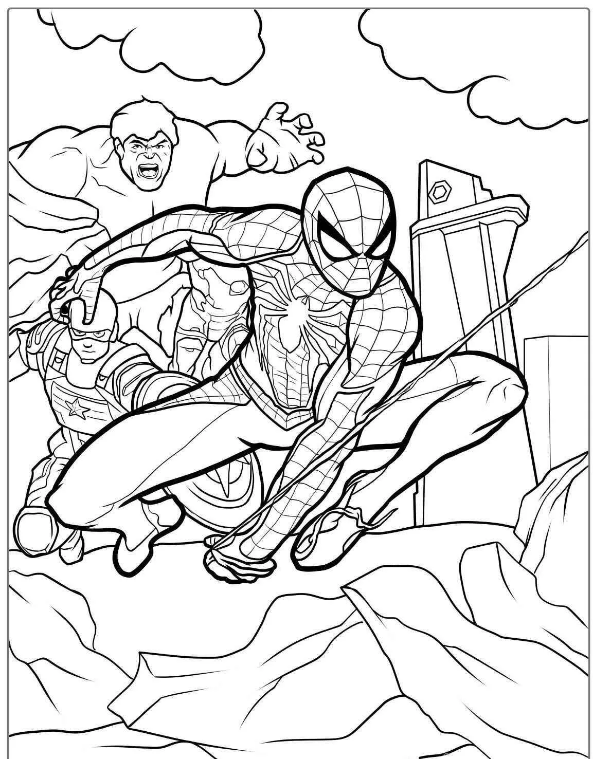 Desenho de Homem Aranha com os Vingadores para Colorir