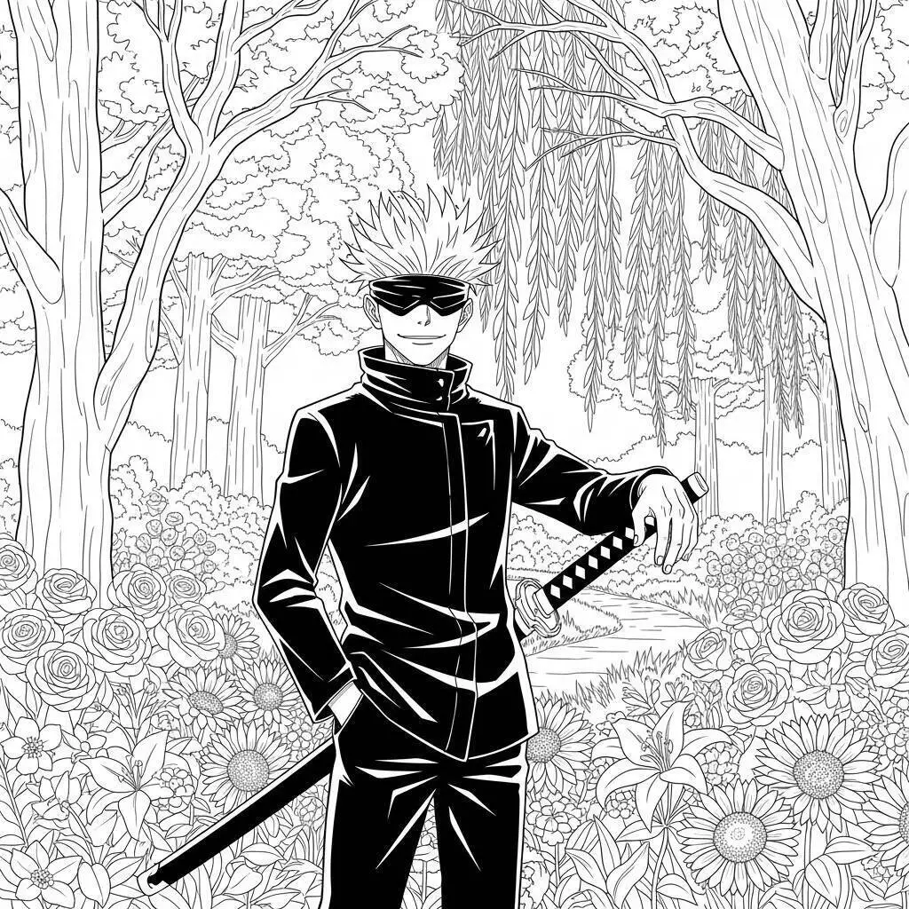 Satoru Gojo in a Garden Coloring Page