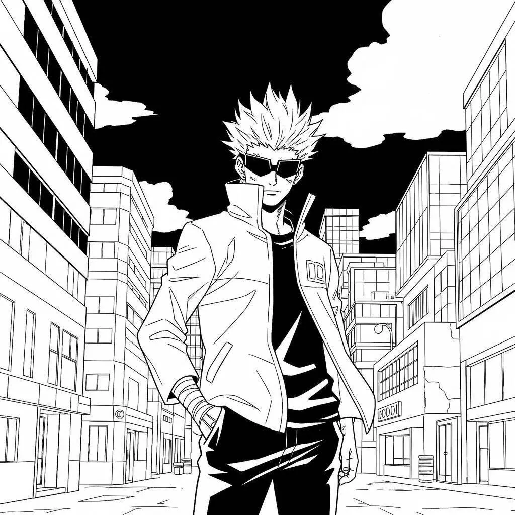 Dibujo para colorear de satoru gojo en el entorno urbano
