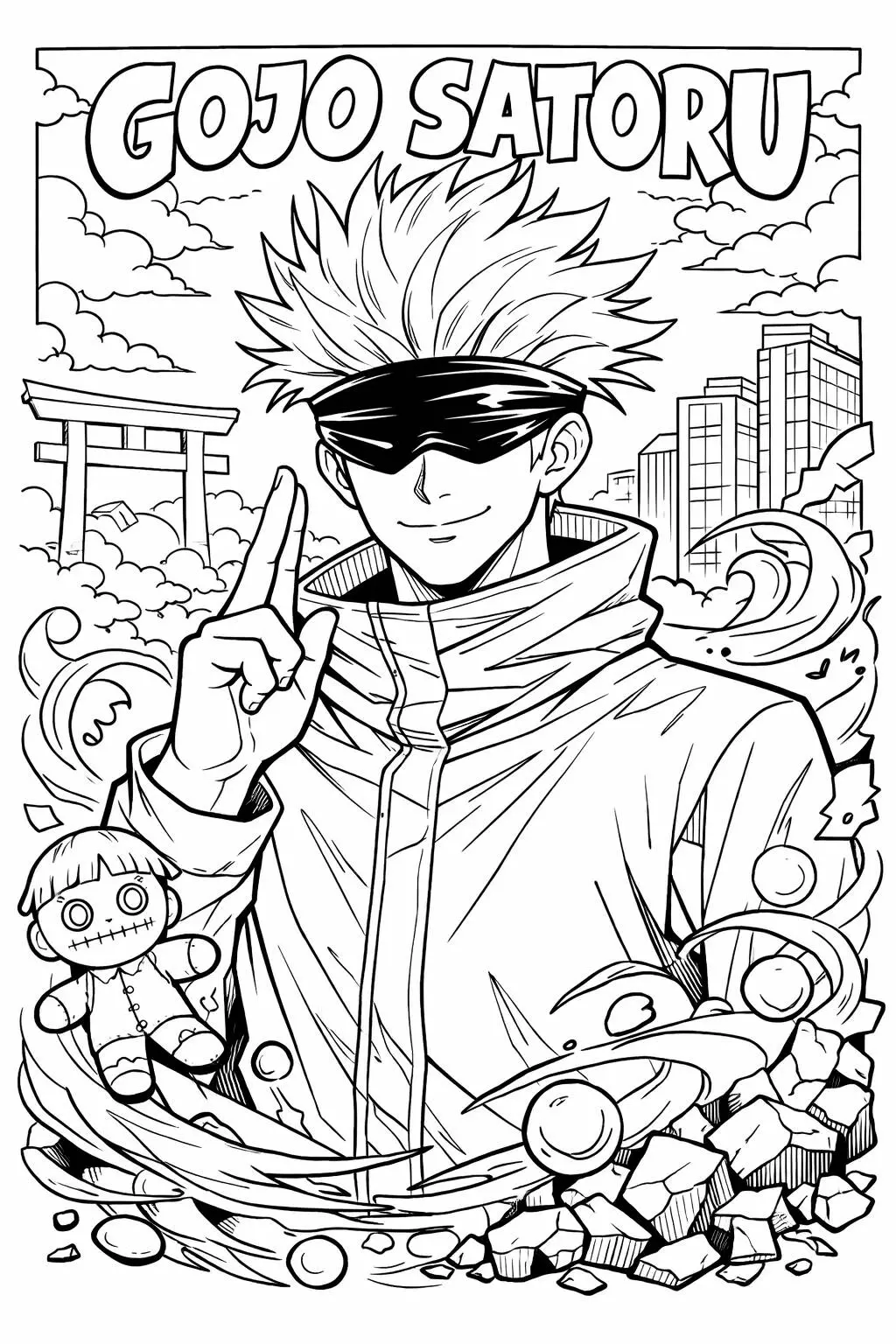 Página para colorear de satoru gojo con las manos en un signo de la paz