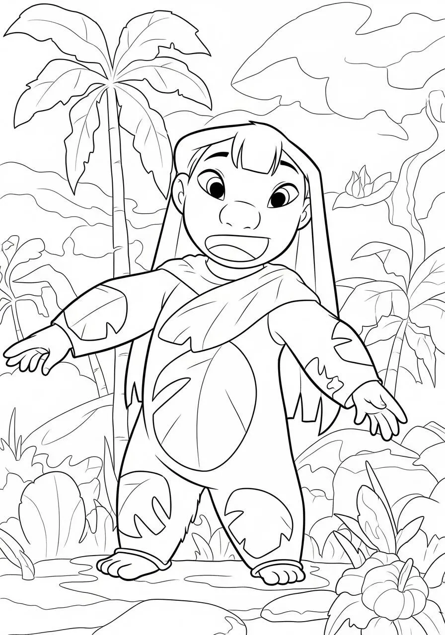 Desenho de Stitch Aventurando se na Selva para Colorir