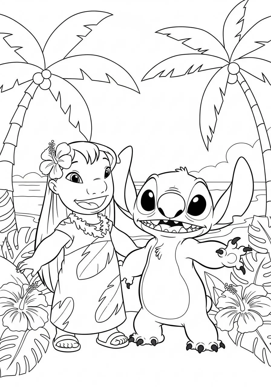 Desenho de Stitch e Lilo na Praia para Colorir