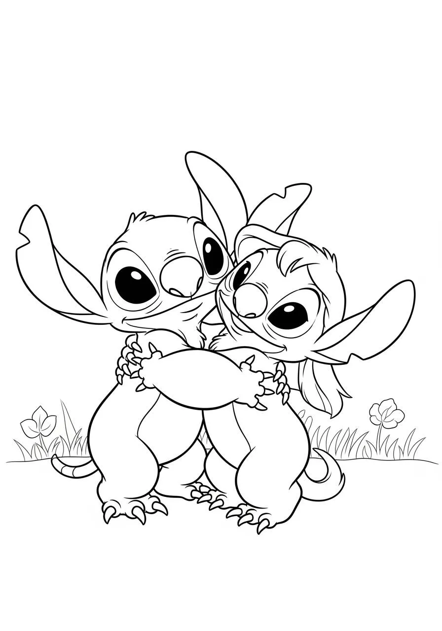 Desenho de Stitch e Lilo se Abraçando para Colorir