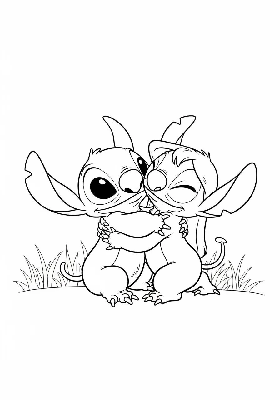 Desenho de Stitch e Lilo se Abraçando para Colorir
