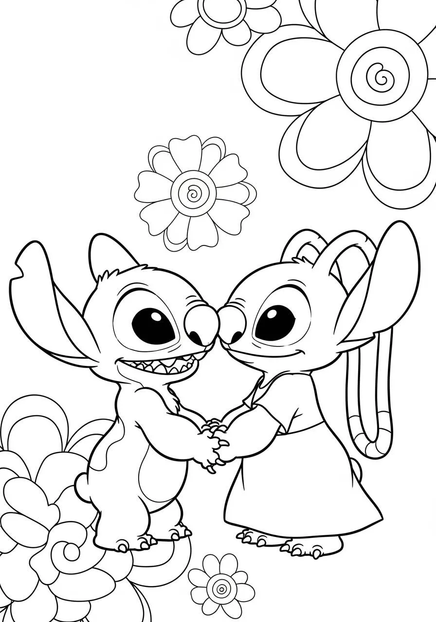 Desenho de Stitch e Lilo de Mãos Dadas para Colorir