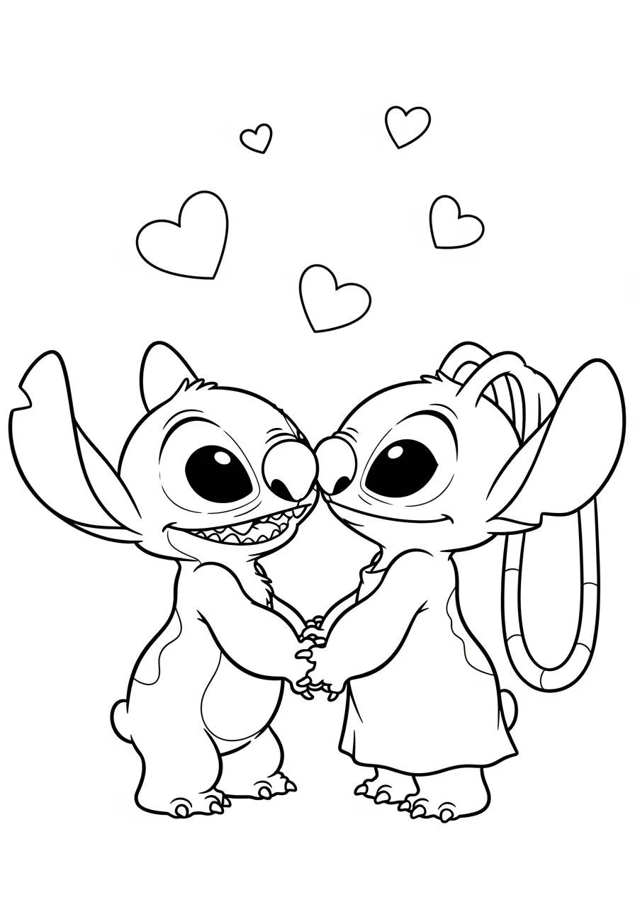Desenho de Stitch e Lilo de Mãos Dadas para Colorir