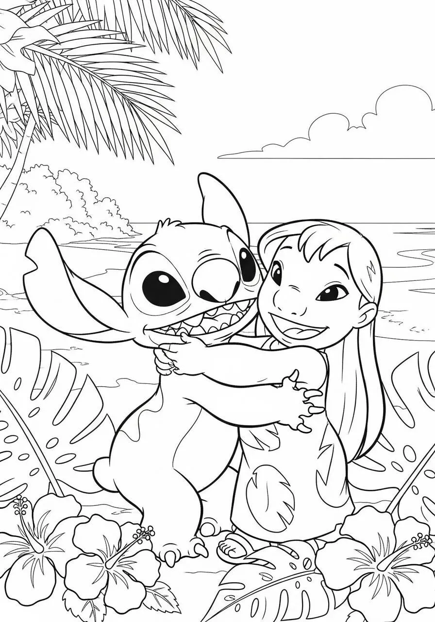 Desenho de Stitch e Lilo se Abraçando na Praia para Colorir