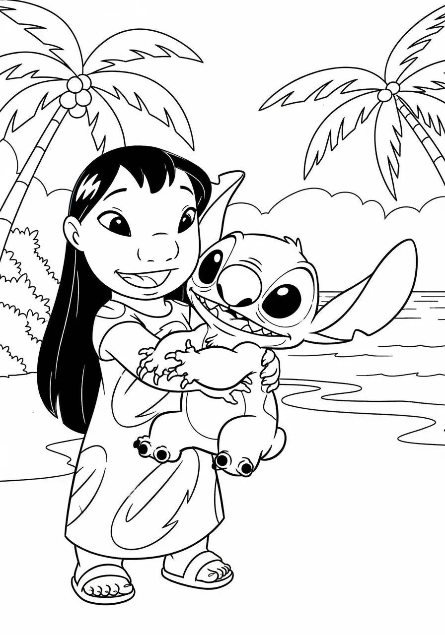 Desenho de Stitch e Lilo se Abraçando na Praia para Colorir