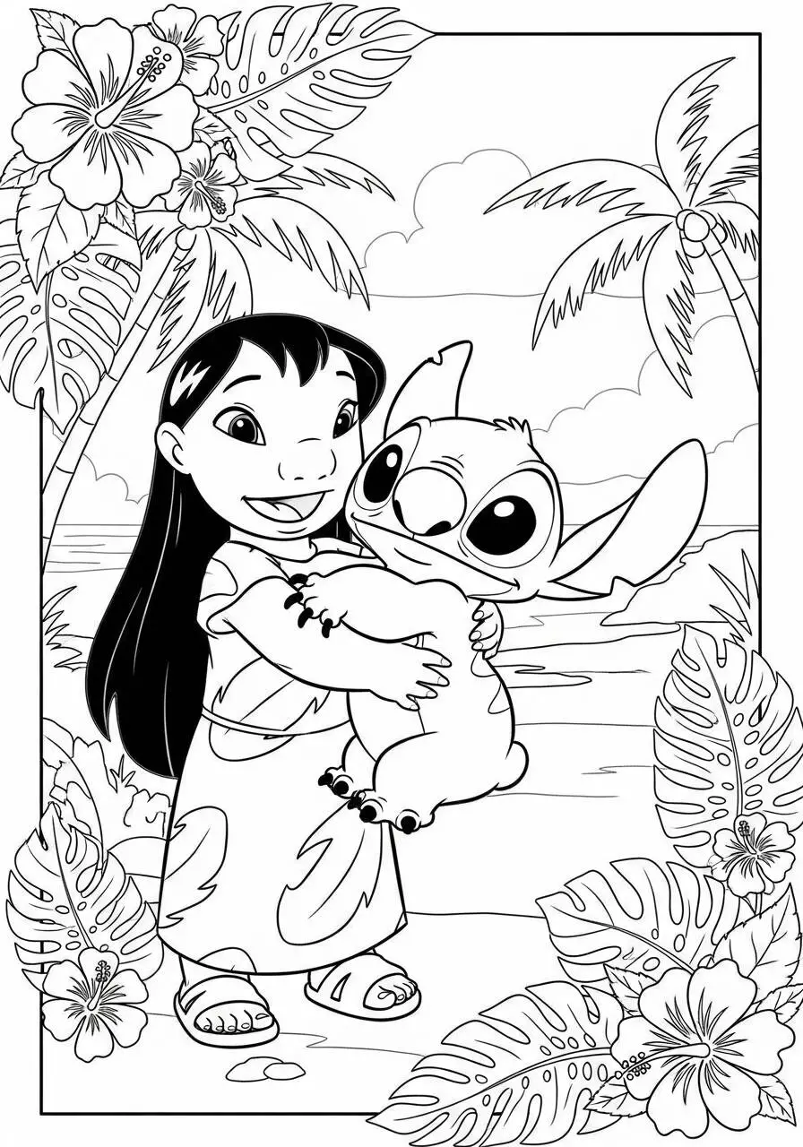 Desenho de Lilo e Stitch Abraçados na Praia para Colorir