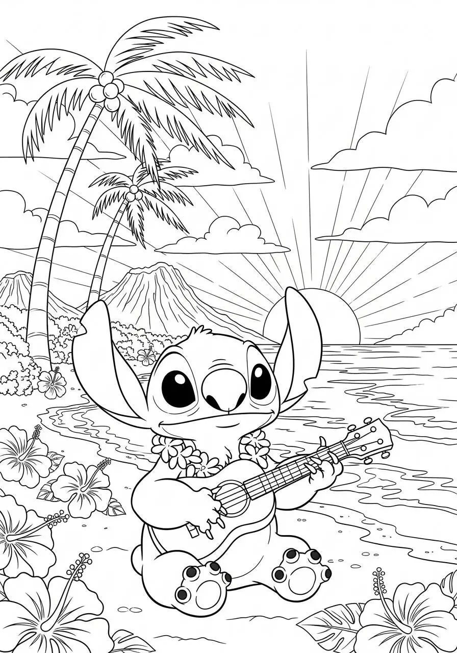 Desenho de Stitch tocando ukulele na praia para Colorir