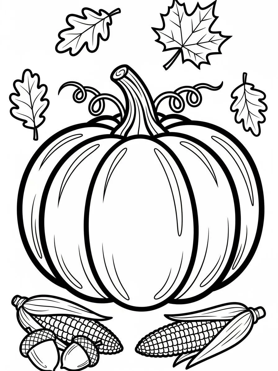 Dibujo para colorear de calabaza con hojas y maíz