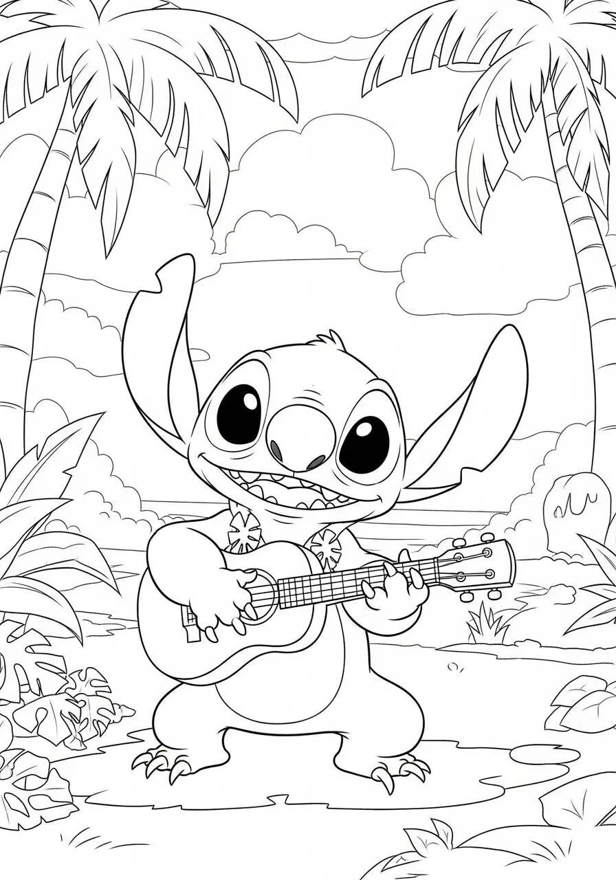 Desenho de Stitch Tocando Violão em um Paraíso Tropical para Colorir
