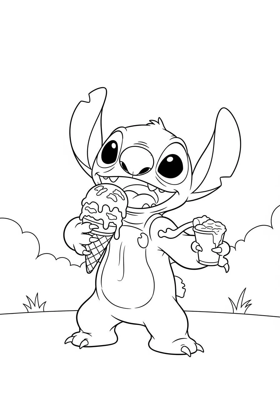 Desenho de Stitch com Sorvete para Colorir