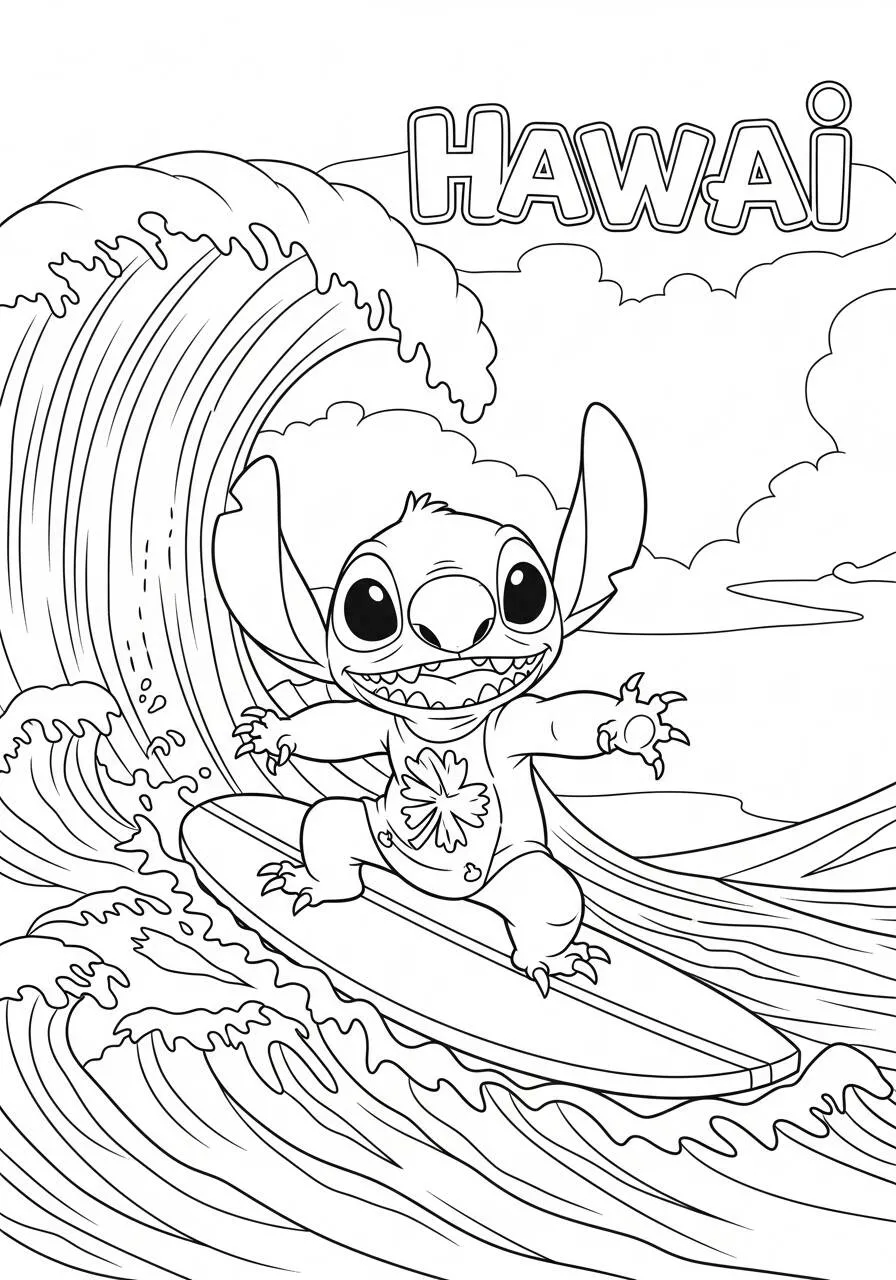 Desenho de Stitch Surfando nas Ondas do Havai para Colorir