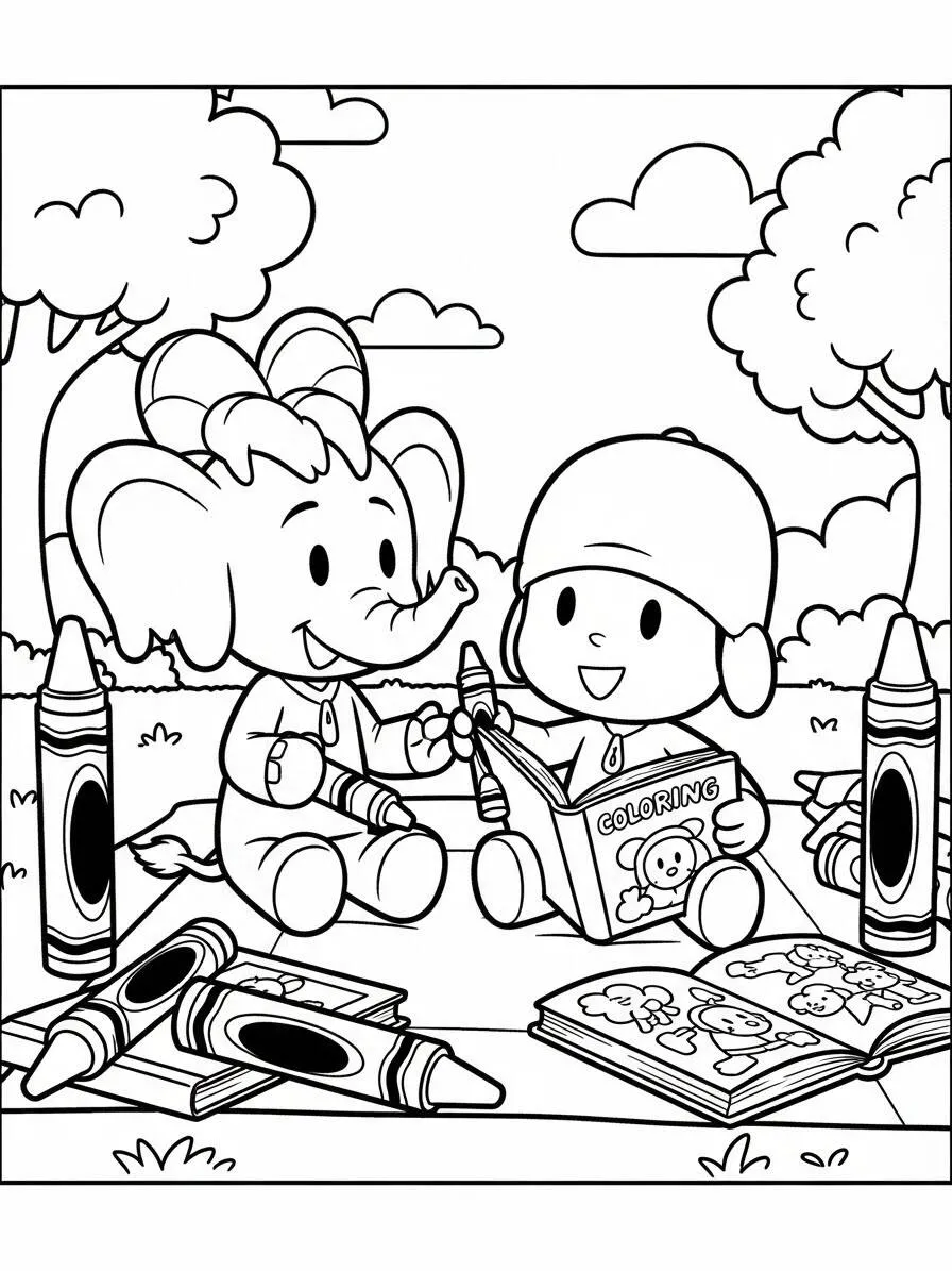 Dibujo para colorear Pocoyó y Elly leyendo juntas