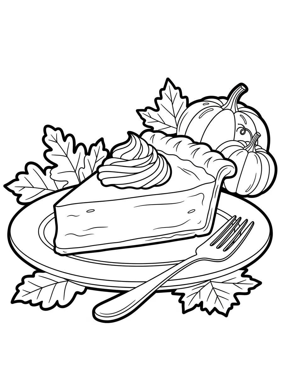 Dibujo de Pastel de calabaza con hojas y calabazas para colorear