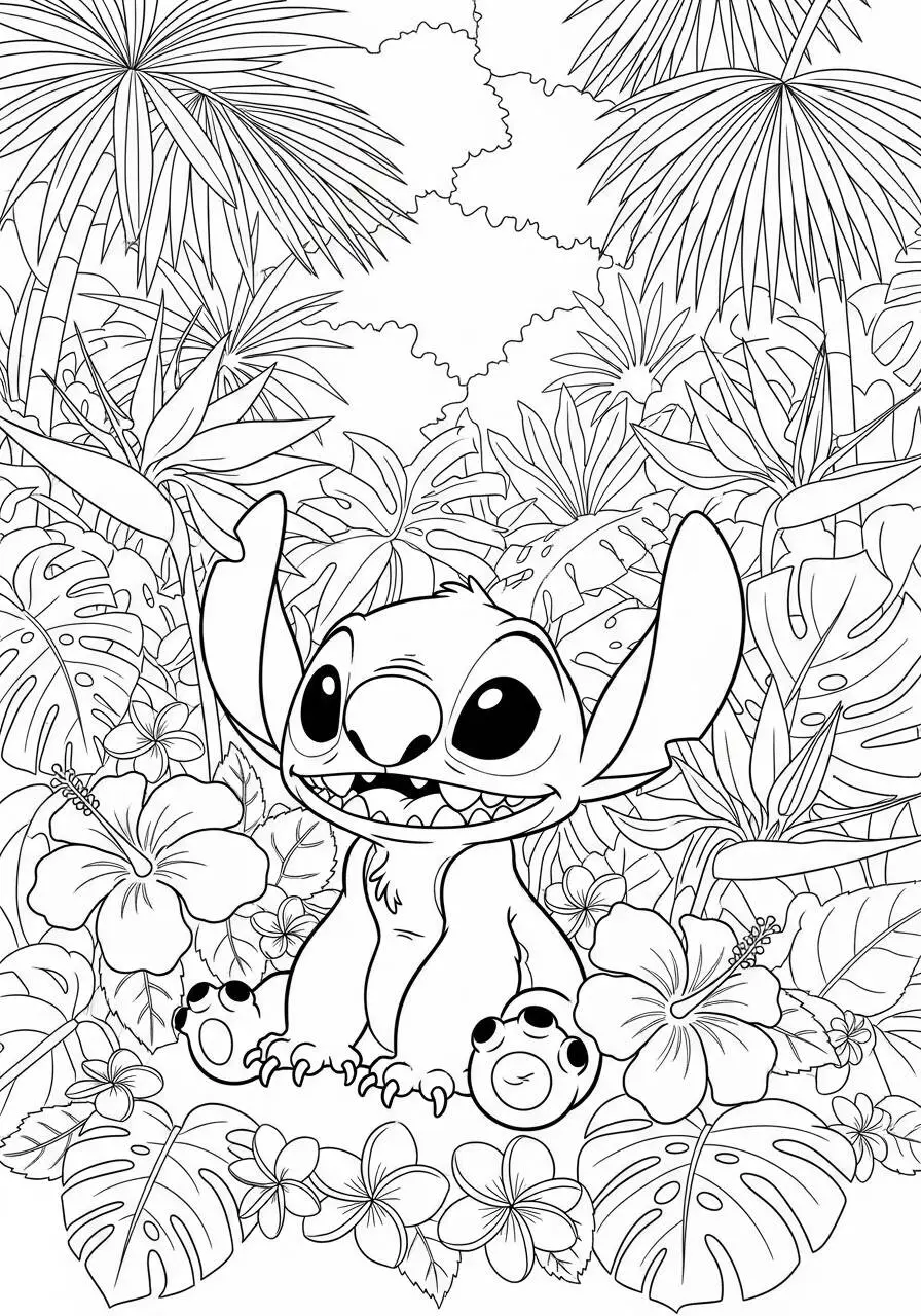 Desenho de Stitch em um Paraíso Tropical para Colorir