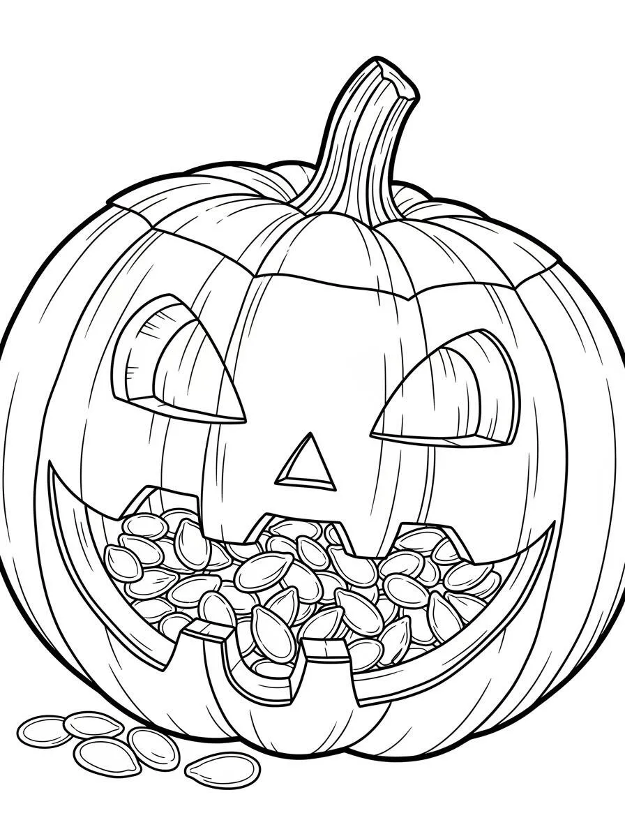 Página para colorear de calabaza de Halloween con semillas