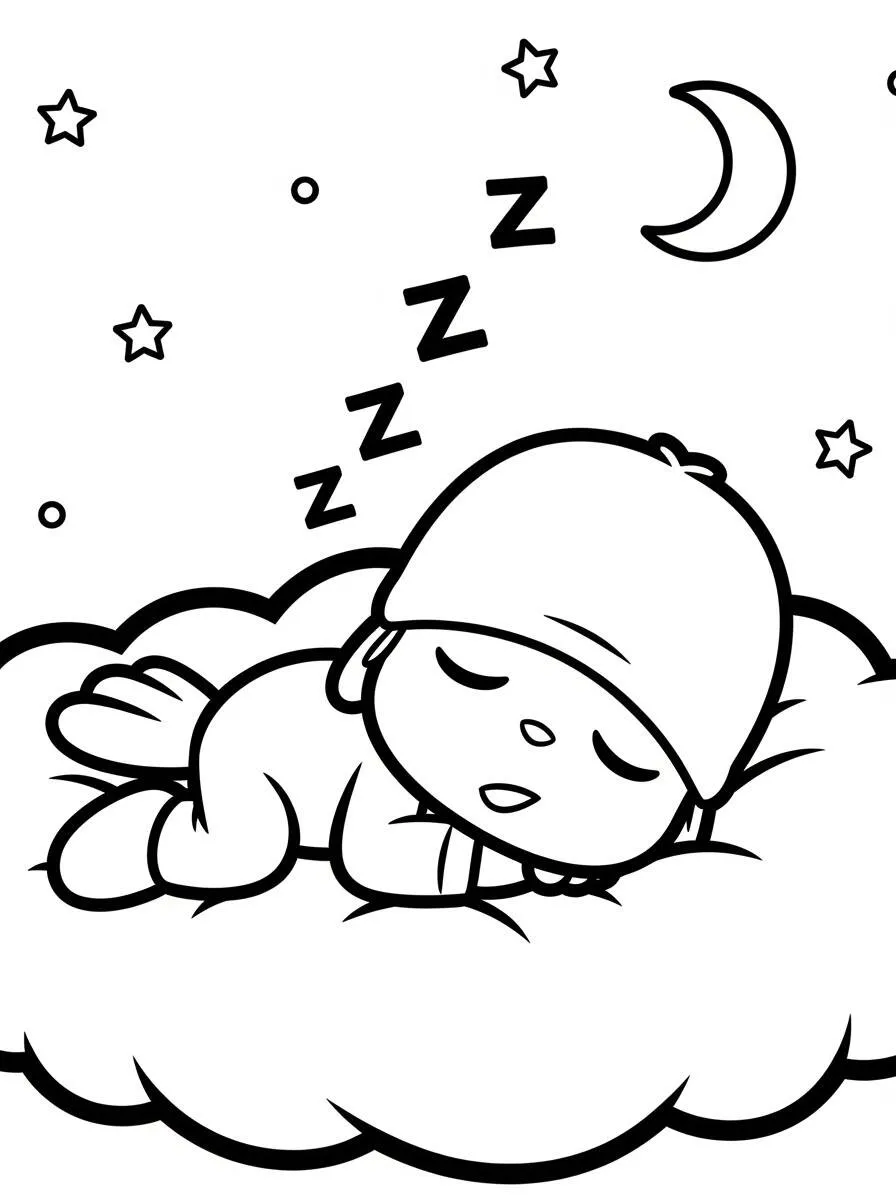 Dibujo de Pocoyó durmiendo en una nube para colorear