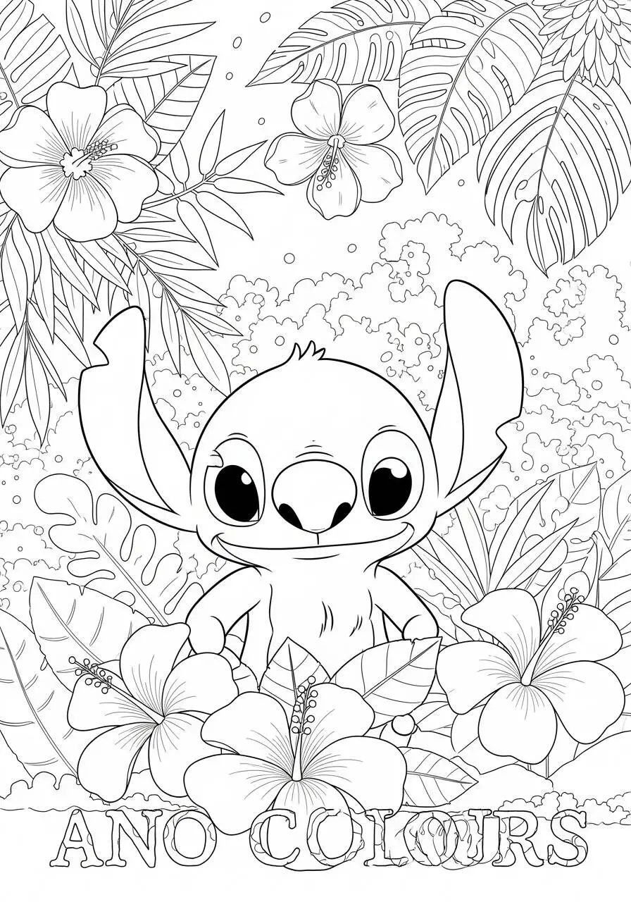 Desenho de Stitch entre Flores para Colorir