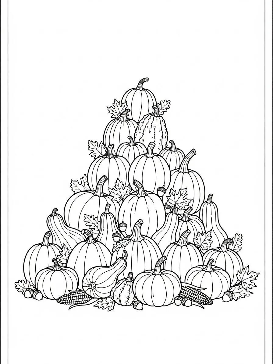 Página para colorear de calabazas apiladas con hojas de otoño