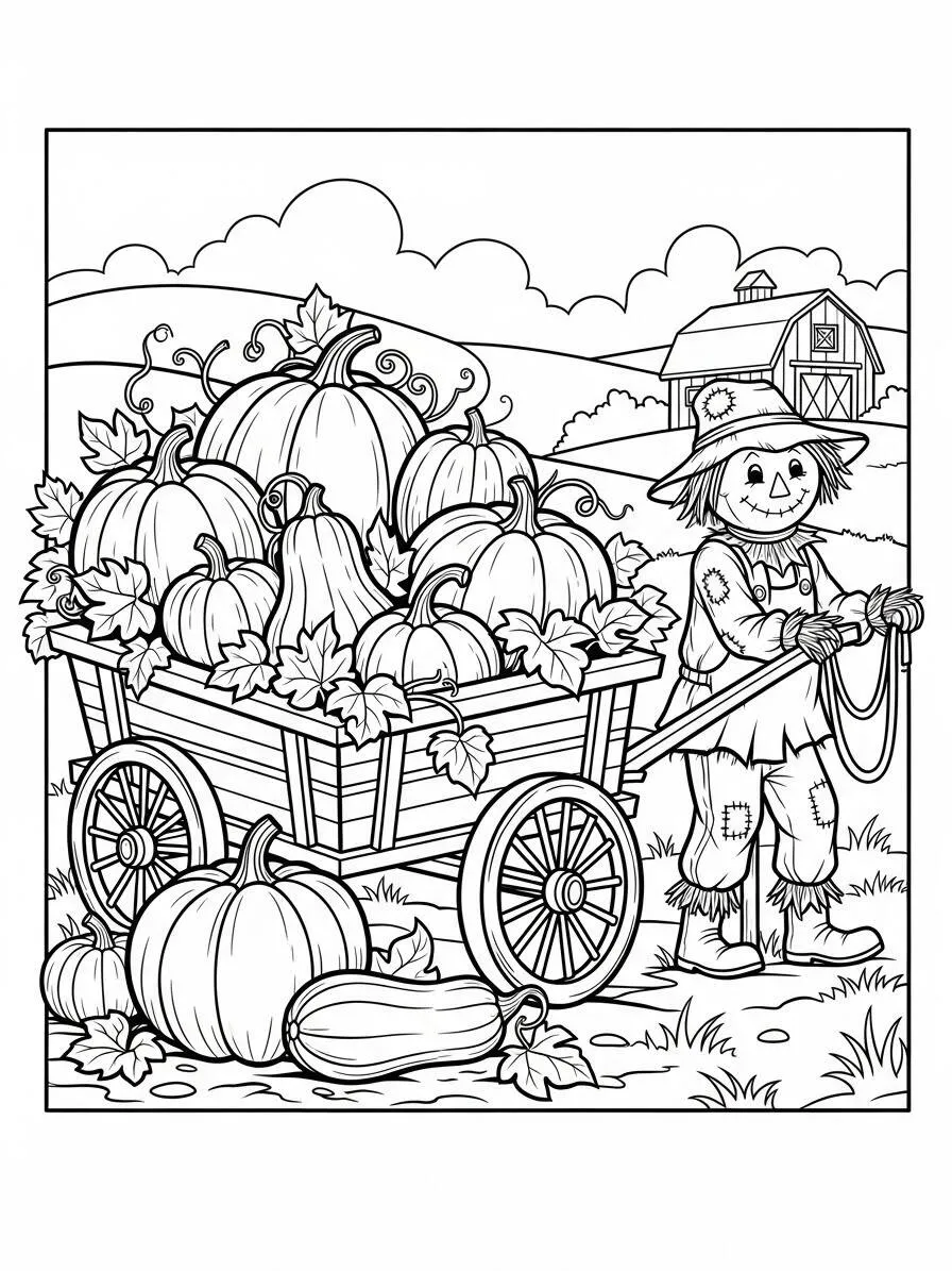 Página para colorear de calabaza en carrito con espantapájaros