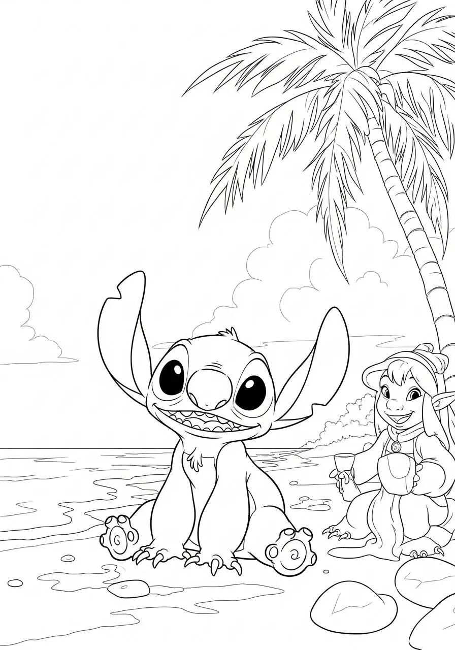 Desenho de Stitch e Lilo na Praia para Colorir