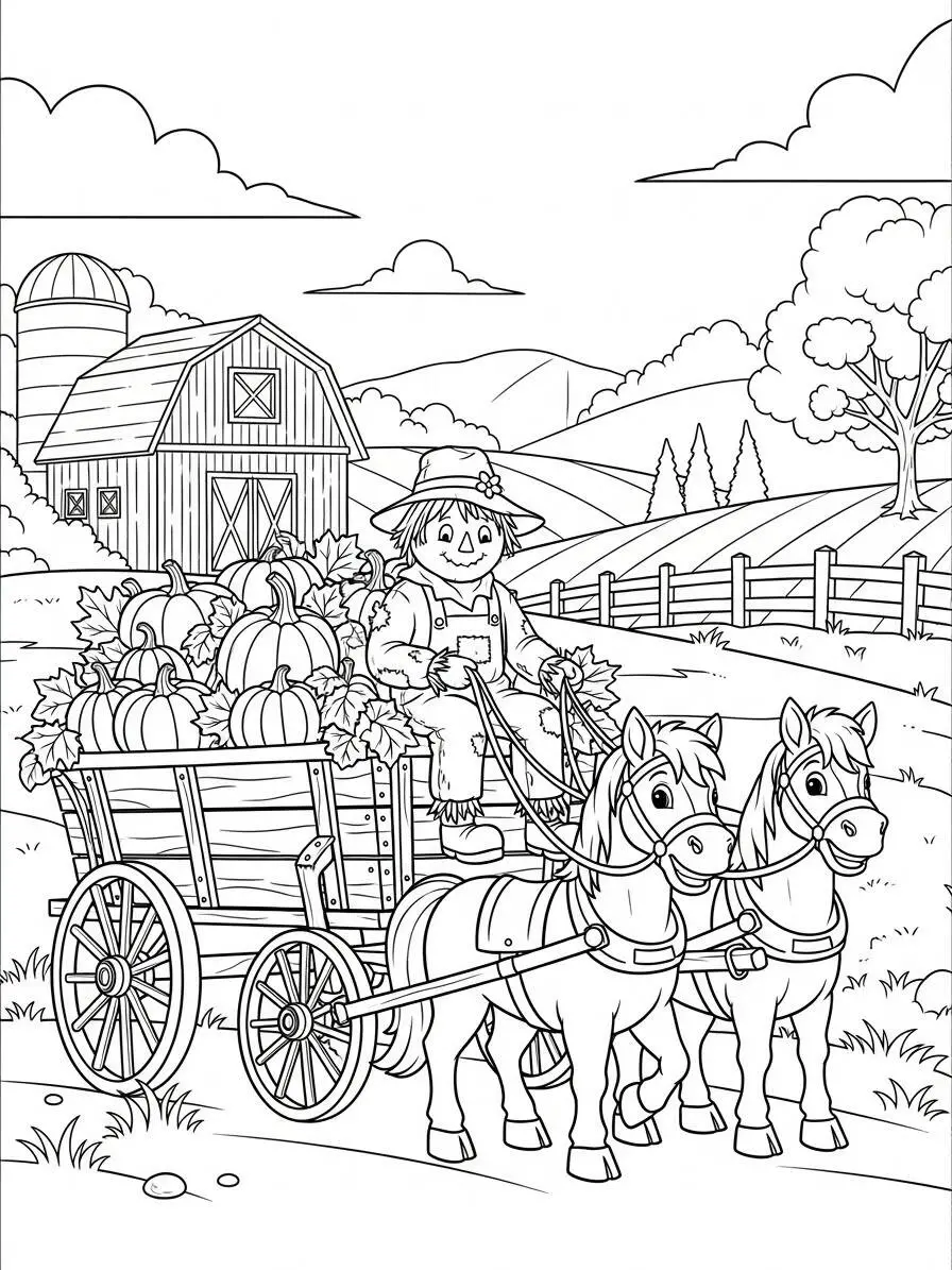 Página para colorear de calabaza en carro con caballo